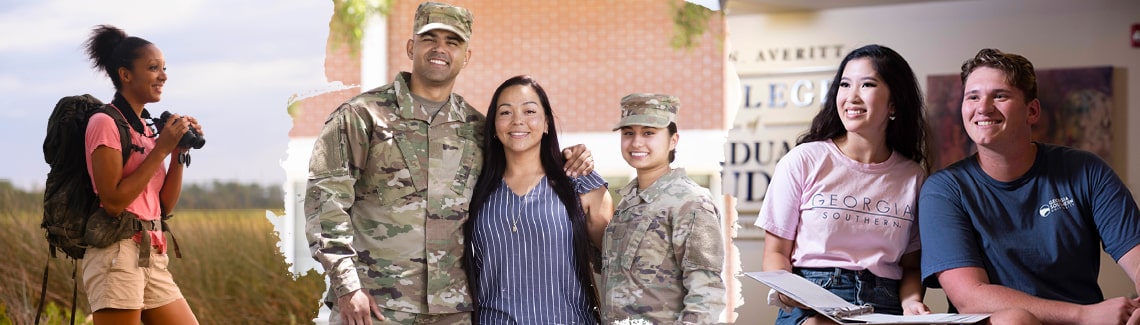 banner showing a mixture of transfer student types, researching in the field, military students with family, and studying.